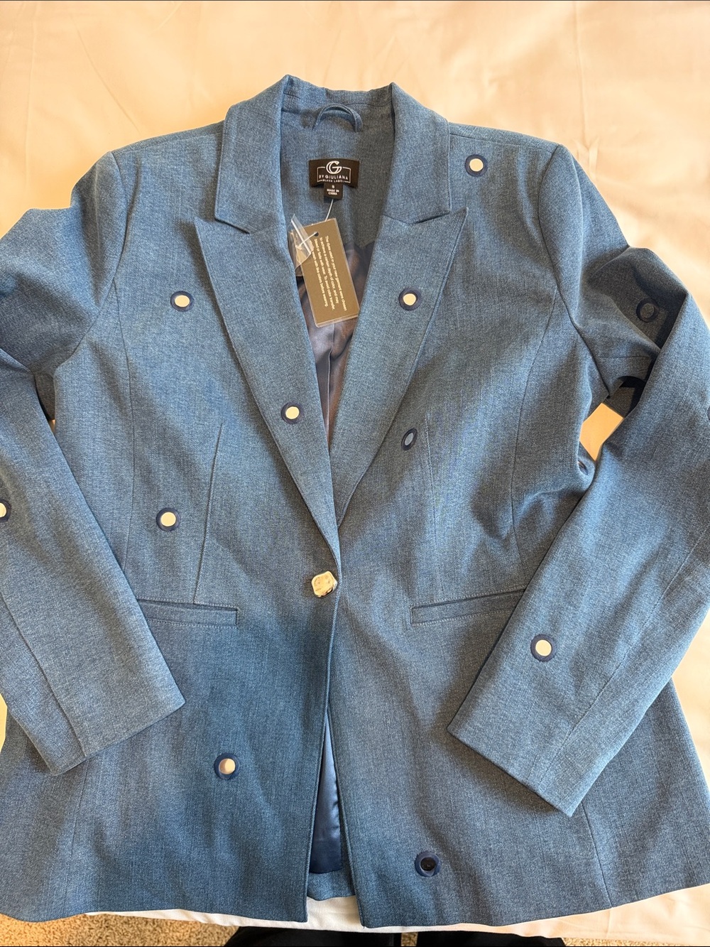 G by Giuliana Denim-Blue Double-Breasted Blazer with Contrast Buttons